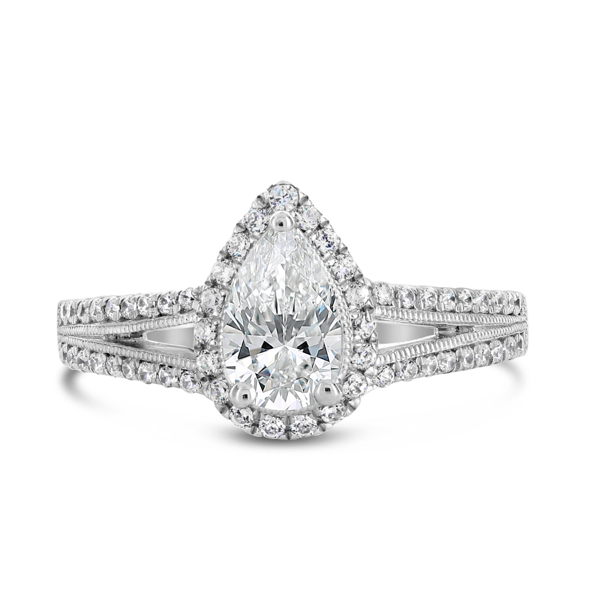 Pear Shape Diamond Halo Split Band Engagement Ring - ACB042 Pear Shape Diamond Halo Split Band Engagement Ring - ACB042