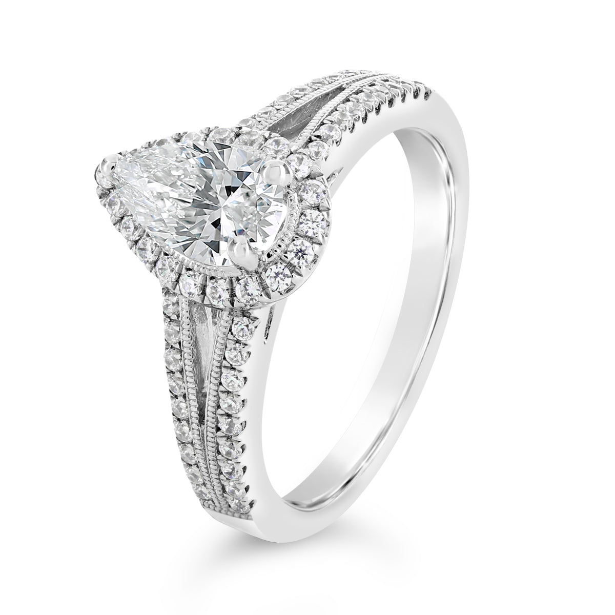 Pear Shape Diamond Halo Split Band Engagement Ring - ACB042 Pear Shape Diamond Halo Split Band Engagement Ring - ACB042