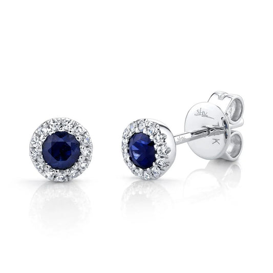 14K White Gold Diamond & Sapphire Stud Earrings - SC55002752