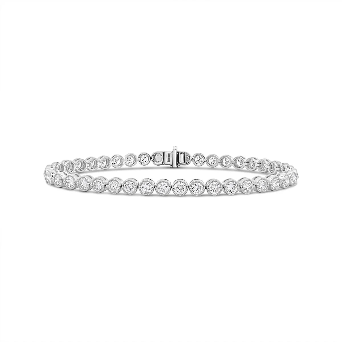 18K White Gold Bezel Set Tennis Bracelet with Milgrain Finish - ALB-14905