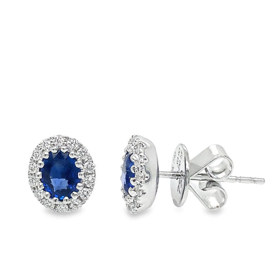 18K White Gold Oval Blue Sapphire and Diamond Stud Earrings - EFX1440