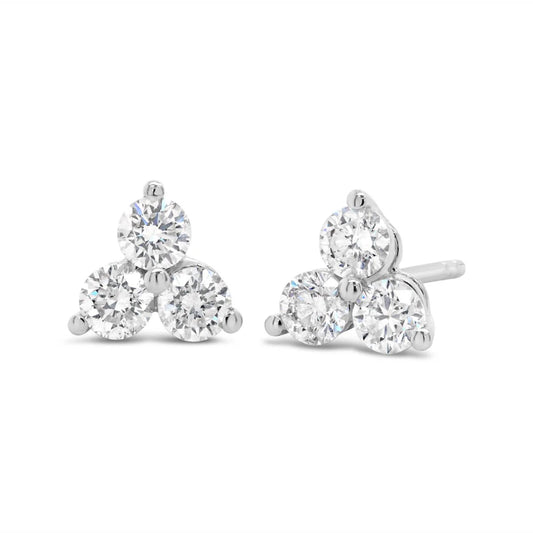 18K White Gold Three Stone Diamond Cluster Stud Earrings - AE2141